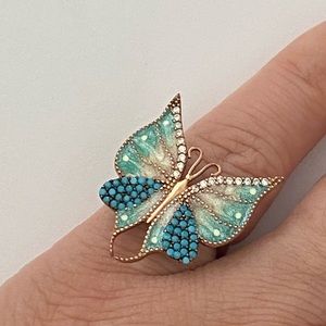 🦋925 Silver butterfly ring turquoise adjustable 14k rose gold plated
